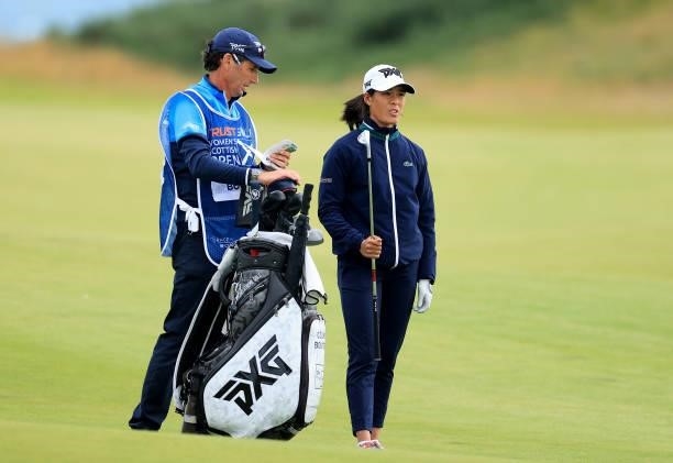Celine Boutier of France plays her second shot on the 18th hole during the first round of the Trust Golf Women's Scottish Open at Dumbarnie Links on...
