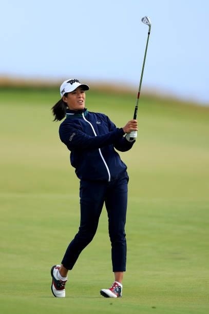 Celine Boutier of France plays her second shot on the 18th hole during the first round of the Trust Golf Women's Scottish Open at Dumbarnie Links on...