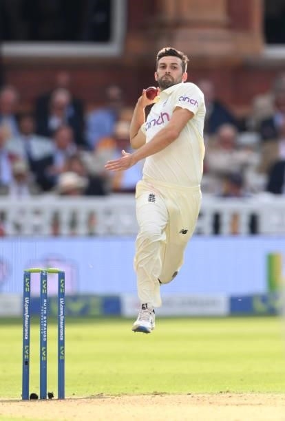 England bowler Mark Wood in bowling action during day one of the Second Test Match between England and India at Lord's Cricket Ground on August 12,...