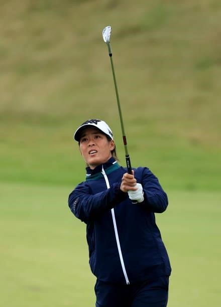 Celine Boutier of France plays her second shot on the 17th hole during the first round of the Trust Golf Women's Scottish Open at Dumbarnie Links on...