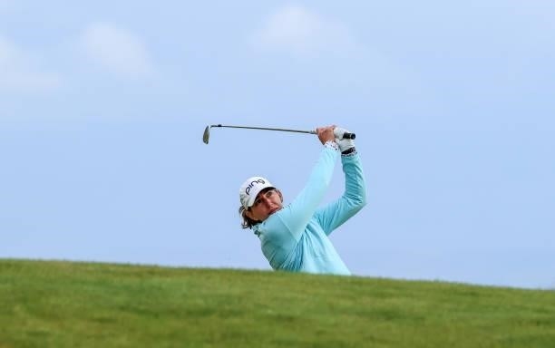Elizabeth Szokol of The United States plays her second shot on the 18th hole during the first round of the Trust Golf Women's Scottish Open at...
