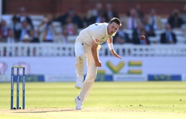 England bowler Ollie Robinson in bowling action during day one of the Second Test Match between England and India at Lord's Cricket Ground on August...