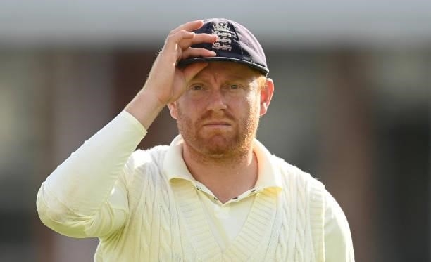 Jonny Bairstow of England looks on during the 2nd LV= Test match between England and India at Lord's Cricket Ground on August 12, 2021 in London,...