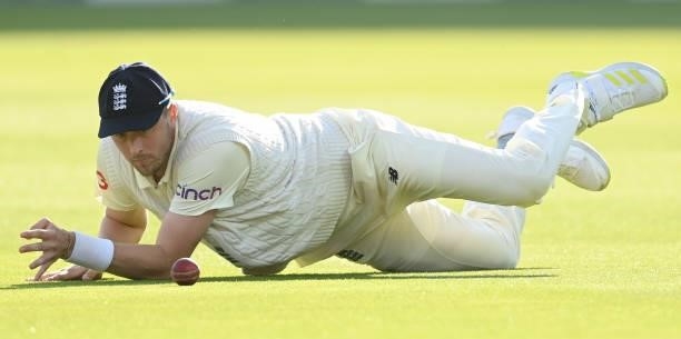 Ollie Robinson of England fields during the 2nd LV= Test match between England and India at Lord's Cricket Ground on August 12, 2021 in London,...