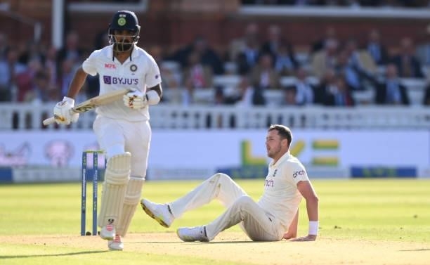England bowler Ollie Robinson reacts as KL Rahul picks up runs during day one of the Second Test Match between England and India at Lord's Cricket...