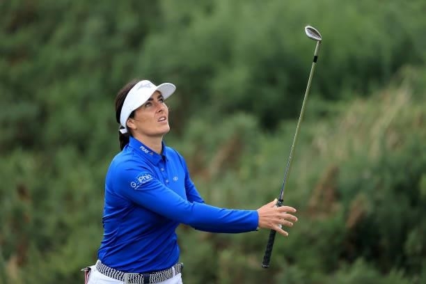 Kelsey Macdonald of Scotland plays her second shot on the 17th hole during the first round of the Trust Golf Women's Scottish Open at Dumbarnie Links...