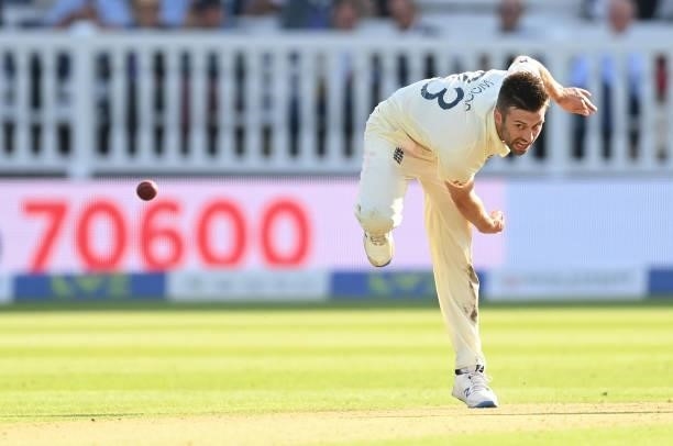 Mark Wood of England bowls during the 2nd LV= Test match between England and India at Lord's Cricket Ground on August 12, 2021 in London, England.