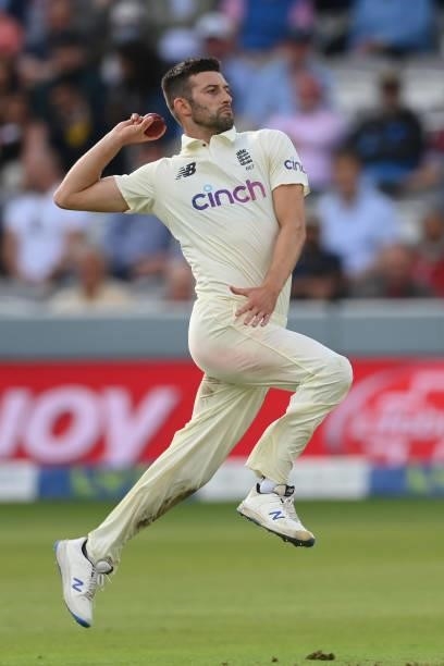 Mark Wood of England in action during the Second LV= Insurance Test Match: Day One between England and India at Lord's Cricket Ground on August 12,...