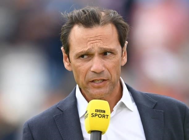 Mark Ramprakash working for BBC television during the 2nd LV= Test match between England and India at Lord's Cricket Ground on August 12, 2021 in...