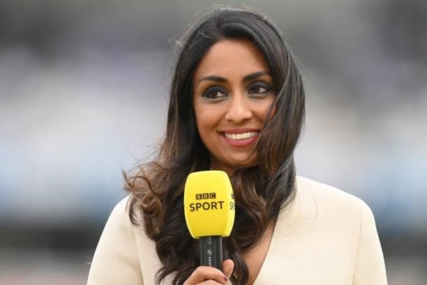 Isa Guha working for BBC television during the 2nd LV= Test match between England and India at Lord's Cricket Ground on August 12, 2021 in London,...
