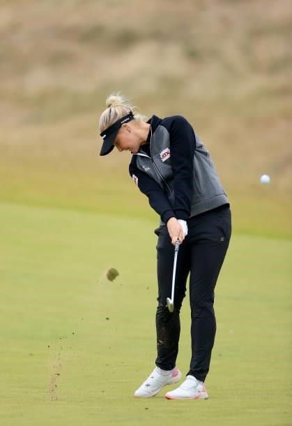 Charley Hull of England plays her third shot on the 12th hole during the first round of the Trust Golf Women's Scottish Open at Dumbarnie Links on...