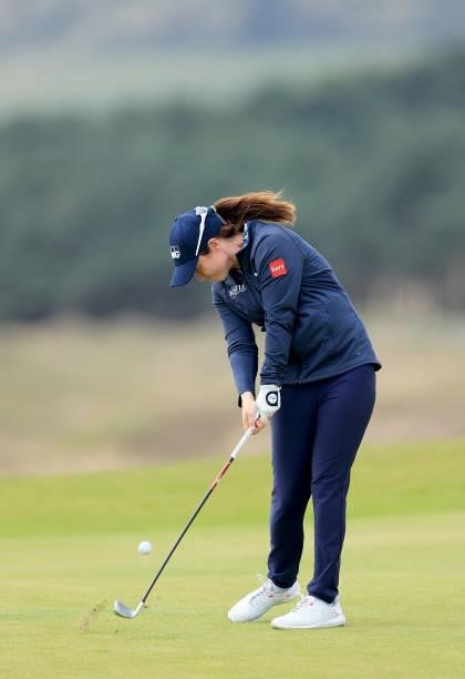 Leona Maguire of Ireland plays her second shot on the 12th hole during the first round of the Trust Golf Women's Scottish Open at Dumbarnie Links on...