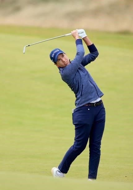 Carlota Ciganda of Spain plays her second shot on the 12th hole during the first round of the Trust Golf Women's Scottish Open at Dumbarnie Links on...