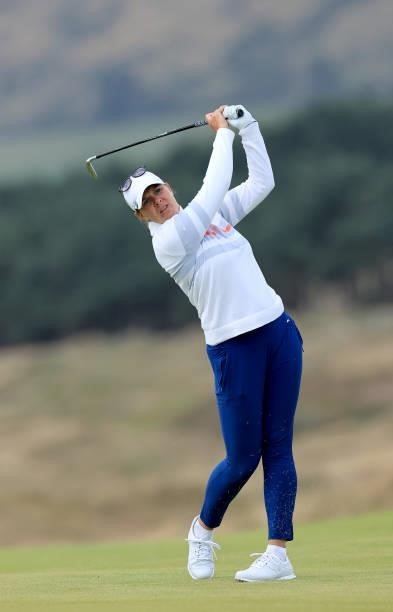 Marianne Skarpnord of Norway plays her second shot on the 12th hole during the first round of the Trust Golf Women's Scottish Open at Dumbarnie Links...