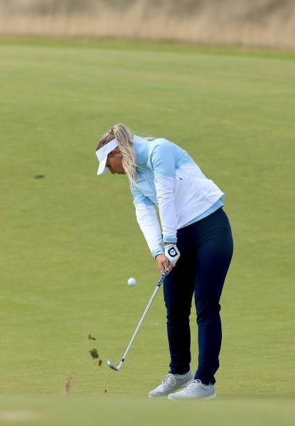 Emily Kristine Pedersen of Denmark plays her second shot on the 12th hole during the first round of the Trust Golf Women's Scottish Open at Dumbarnie...