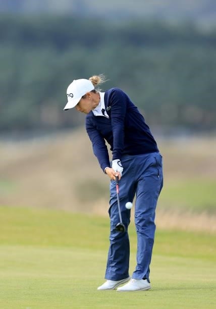 Azahara Munoz of Spain plays her third shot on the 12th hole during the first round of the Trust Golf Women's Scottish Open at Dumbarnie Links on...