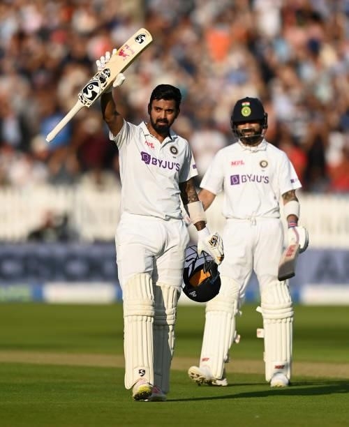 Rahul of India celebrates reaching his century during day one of the Second LV= Insurance Test Match between England and India at Lord's Cricket...