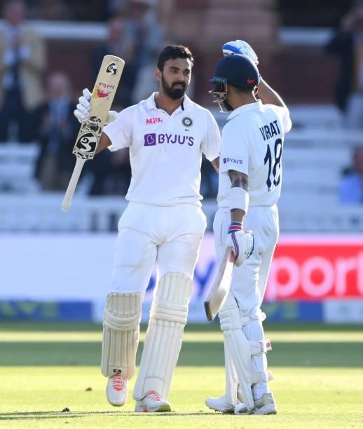 India batsman KL Rahul is congratulated by Virat Kohli after reaching his century during day one of the Second Test Match between England and India...