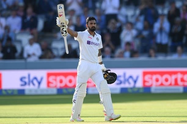Rahul of India raises his bat after reaching his centuryt during the Second LV= Insurance Test Match: Day One between England and India at Lord's...