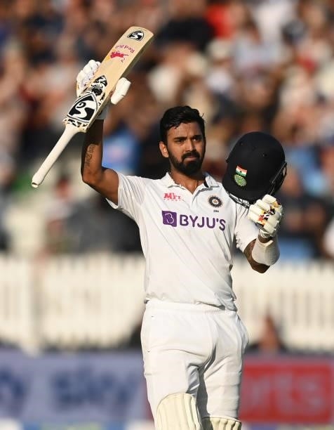 Rahul of India celebrates reaching his century during day one of the Second LV= Insurance Test Match between England and India at Lord's Cricket...
