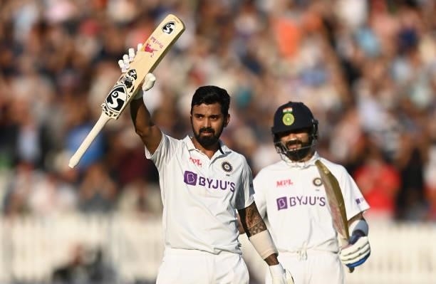 Rahul of India celebrates reaching his century with Virat Kohli during day one of the Second LV= Insurance Test Match between England and India at...