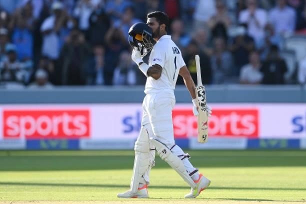 Rahul of India kisses the badge on his helmet after reaching his century during the Second LV= Insurance Test Match: Day One between England and...