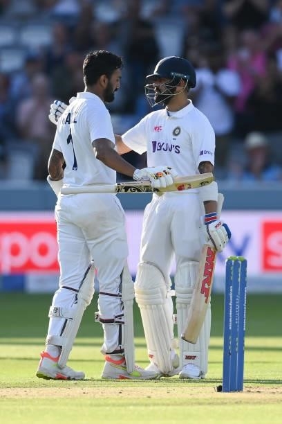 Rahul of India celebrates with Virat Kohli after reaching his century during the Second LV= Insurance Test Match: Day One between England and India...