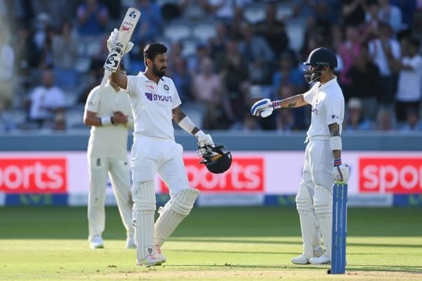 Rahul of India celebrates with Virat Kohli after reaching his century during the Second LV= Insurance Test Match: Day One between England and India...