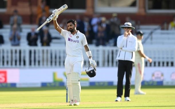 Rahul of India celebrates reaching his century during the 2nd LV= Test match between England and India at Lord's Cricket Ground on August 12, 2021 in...
