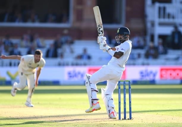 India batsman KL Rahul pulls Mark Wood during his century during day one of the Second Test Match between England and India at Lord's Cricket Ground...
