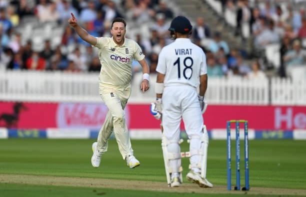 Ollie Robinson of England celebrates dismissing India captain Virat Kohli during day one of the Second LV= Insurance Test Match between England and...