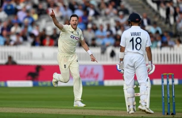 Ollie Robinson of England celebrates dismissing India captain Virat Kohli during day one of the Second LV= Insurance Test Match between England and...