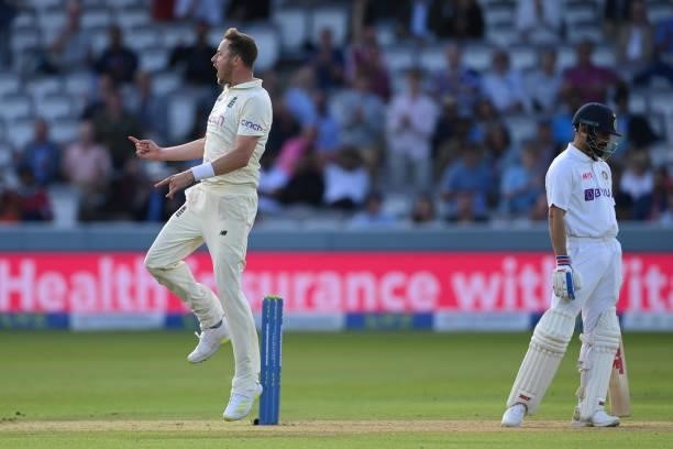 Ollie Robinson of England celebrates the wicket of Virat Kohli of India during the Second LV= Insurance Test Match: Day One between England and India...