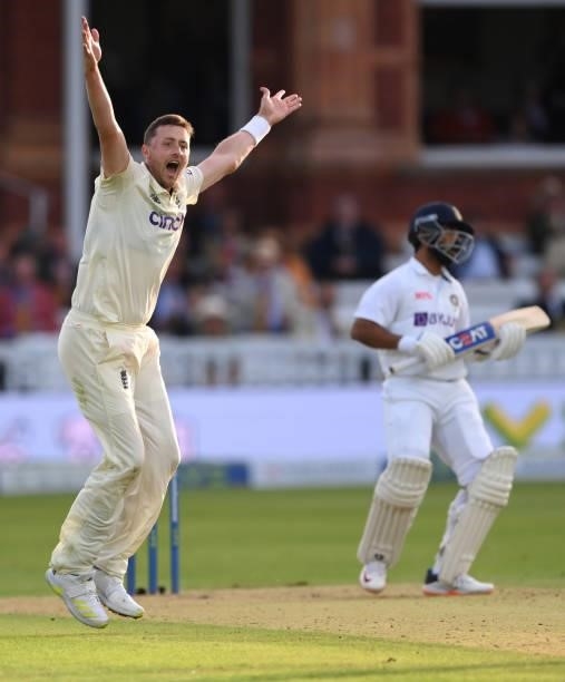England bowler Ollie Robinson appeals in vain for the wicket of Rahane during day one of the Second Test Match between England and India at Lord's...