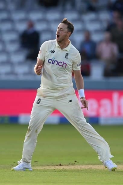 Ollie Robinson of England celebrates after dismissing Virat Kohli of India during the Second LV= Insurance Test Match: Day One between England and...