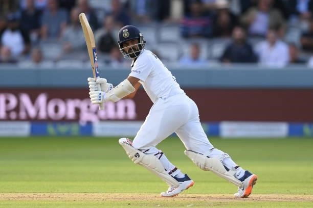 Ajinkya Rahane of India in action during the Second LV= Insurance Test Match: Day One between England and India at Lord's Cricket Ground on August...