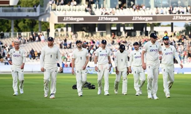 England leave the field at stumps on day one of the Second LV= Insurance Test Match between England and India at Lord's Cricket Ground on August 12,...