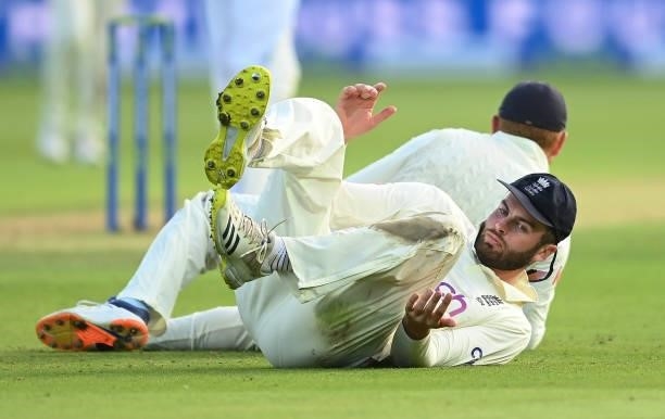 Dom Sibley and Jonny Bairstow of England on the ground during the 2nd LV= Test match between England and India at Lord's Cricket Ground on August 12,...