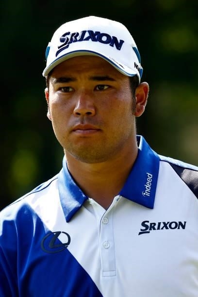 Hideki Matsuyama of Japan looks on from the 14th green during the first round of the Wyndham Championship at Sedgefield Country Club on August 12,...