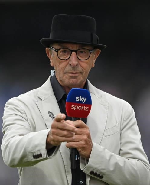 Sky Sports commentator David 'Bumble' Lloyd wearing a black hat during day one of the Second Test Match between England and India at Lord's Cricket...