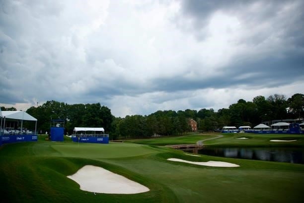 General view of the 15th and 16th greens are seen during the first round of the Wyndham Championship at Sedgefield Country Club on August 12, 2021 in...