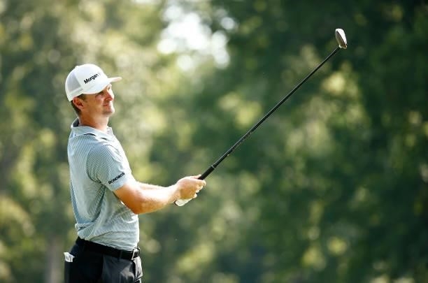 Justin Rose of England plays his shot from the 15th tee during the first round of the Wyndham Championship at Sedgefield Country Club on August 12,...