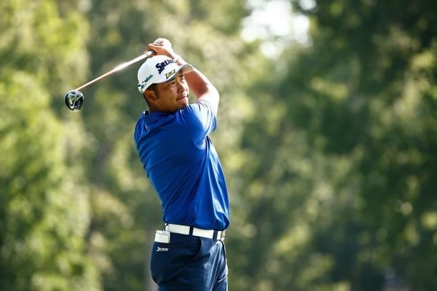Hideki Matsuyama of Japan plays his shot from the 15th tee during the first round of the Wyndham Championship at Sedgefield Country Club on August...