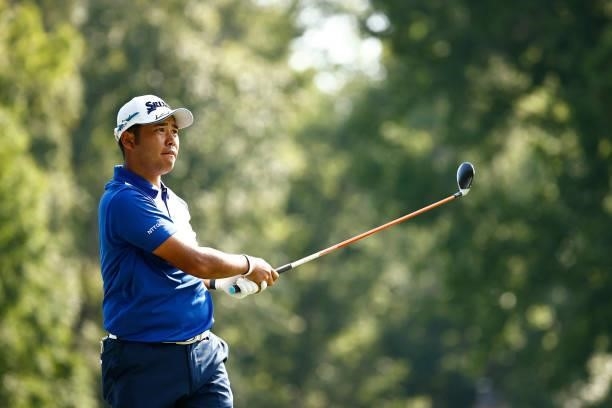 Hideki Matsuyama of Japan plays his shot from the 15th tee during the first round of the Wyndham Championship at Sedgefield Country Club on August...