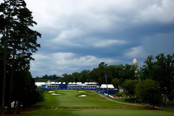 General view of the 18th green is seen during the first round of the Wyndham Championship at Sedgefield Country Club on August 12, 2021 in...