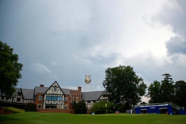 General view of the ninth green is seen during a weather delay during the first round of the Wyndham Championship at Sedgefield Country Club on...