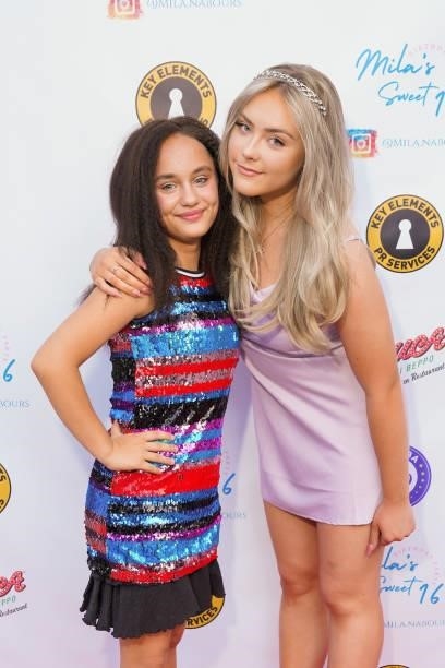 Izzie Florez and Mila Nabours attend Mila Nabours' Sweet Sixteen Supporting The Alzheimer's Association on August 12, 2021 in Tarzana, California.