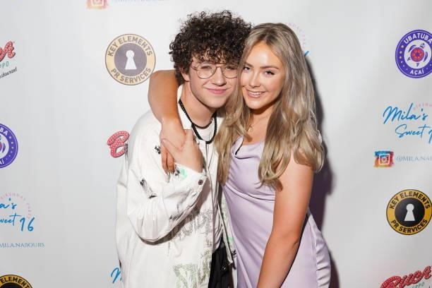 Cade Adams and Mila Nabours attend Mila Nabours' Sweet Sixteen Supporting The Alzheimer's Association on August 12, 2021 in Tarzana, California.