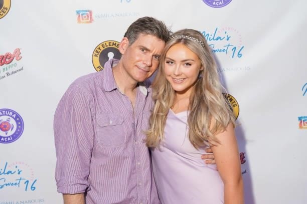 Mila Nabours and her father attend Mila Nabours' Sweet Sixteen Supporting The Alzheimer's Association on August 12, 2021 in Tarzana, California.
