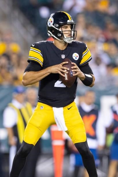 Mason Rudolph of the Pittsburgh Steelers looks to pass the ball against the Philadelphia Eagles during the preseason game at Lincoln Financial Field...